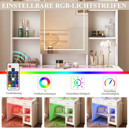 Urban Luxe dressing table, dressing table with light, dressing table with mirror, equipped with socket and hair dryer holder, White