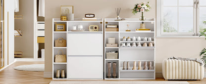 1 White Narrow Shoe Cabinet with 2 Flaps,with 5 Open Compartments,Shoe Rack for 8-12 Pairs of Shoes,for Hallway, Entrance