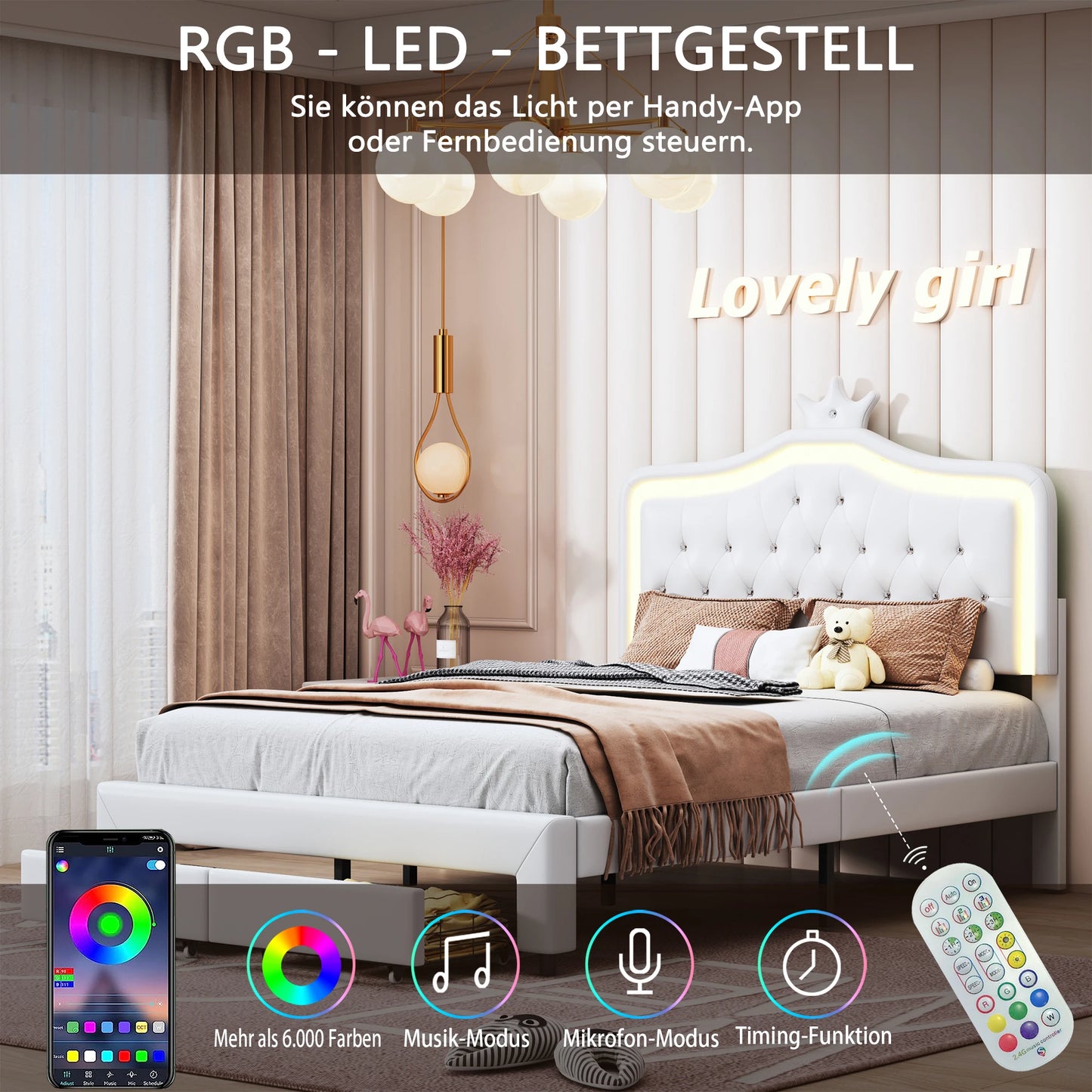 Her Room, Her World — Girls' LED Upholstered Storage Bed with Drawer
