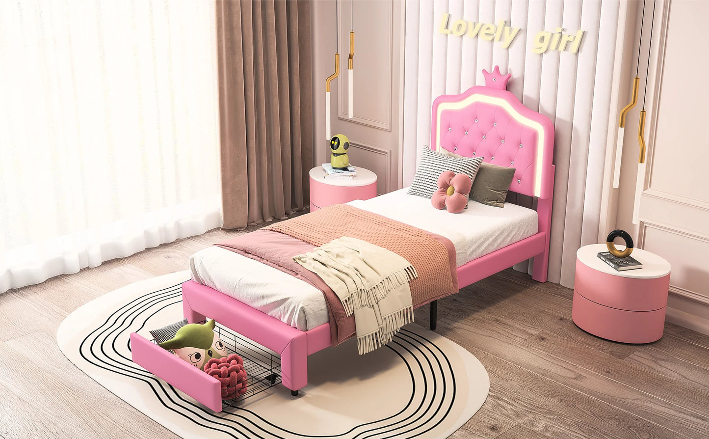 Her Room, Her World — Girls' LED Upholstered Storage Bed with Drawer
