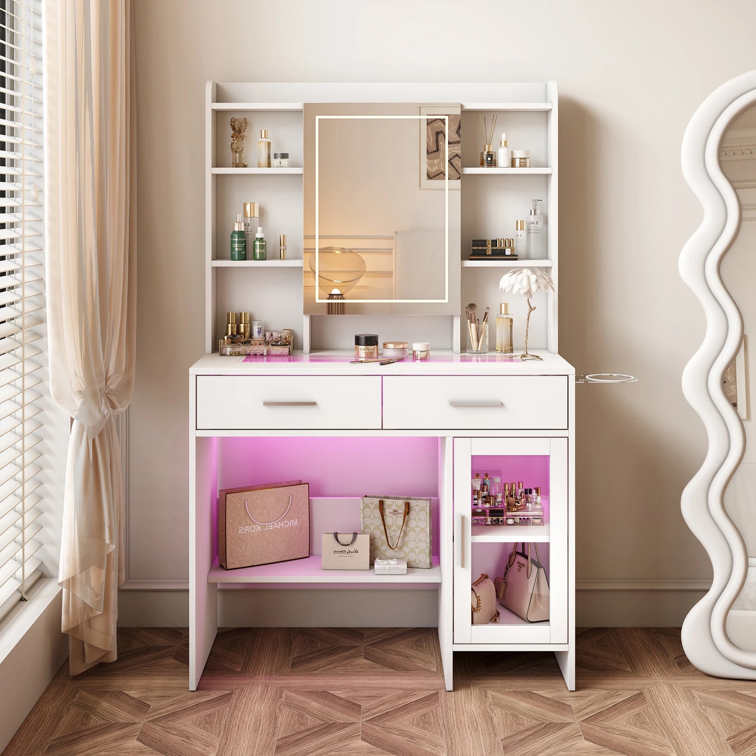 Urban Luxe dressing table, dressing table with light, dressing table with mirror, equipped with socket and hair dryer holder, White