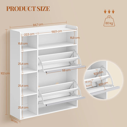 1 White Narrow Shoe Cabinet with 2 Flaps,with 5 Open Compartments,Shoe Rack for 8-12 Pairs of Shoes,for Hallway, Entrance