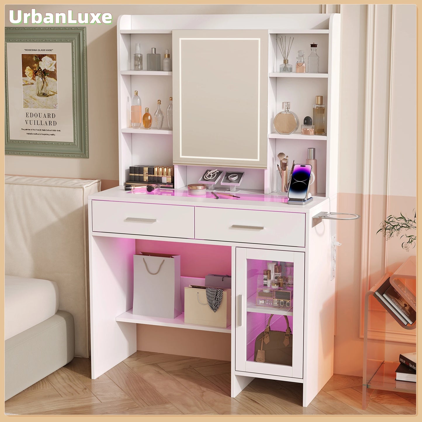 Urban Luxe dressing table, dressing table with light, dressing table with mirror, equipped with socket and hair dryer holder, White