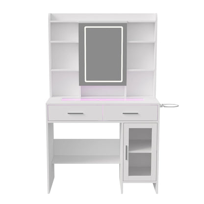 Urban Luxe dressing table, dressing table with light, dressing table with mirror, equipped with socket and hair dryer holder, White