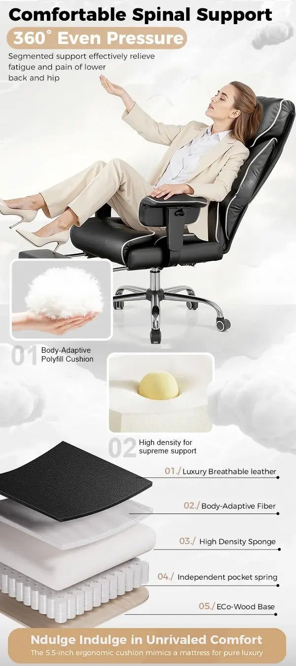 COMHOMA Big and Tall Office Chair 400lbs High Back Leather Executive Chair with Ergonomic Lumbar Support & Pocket Spring Cushion Jonine&