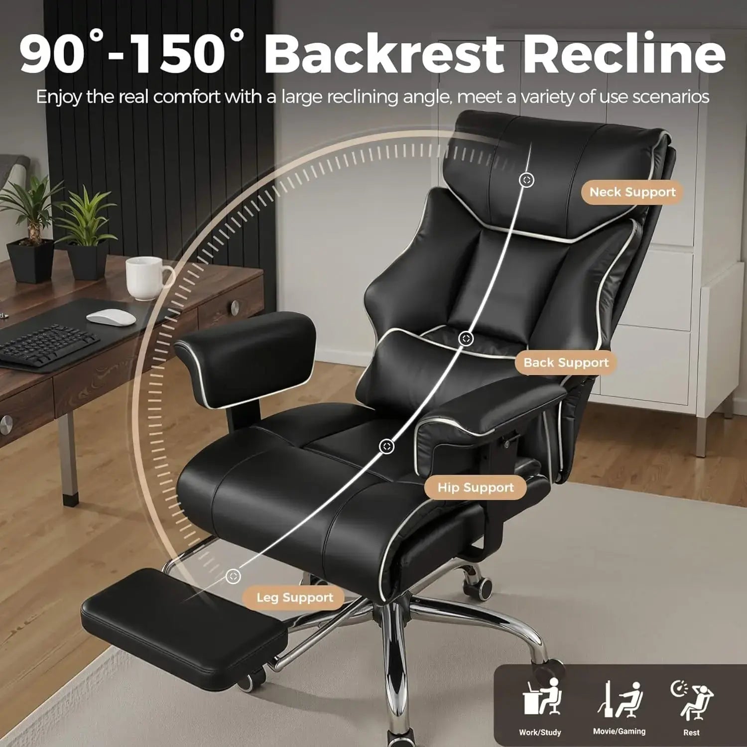 COMHOMA Big and Tall Office Chair 400lbs High Back Leather Executive Chair with Ergonomic Lumbar Support & Pocket Spring Cushion Jonine&