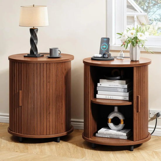 Fluted Round End Table, Mid Century Bedside Table, Modern Nightstands Set Of 2 For Living Room, Bedroom, Entryway Jonine&