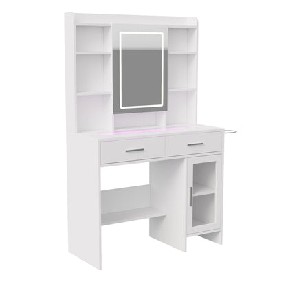 Urban Luxe dressing table, dressing table with light, dressing table with mirror, equipped with socket and hair dryer holder, White