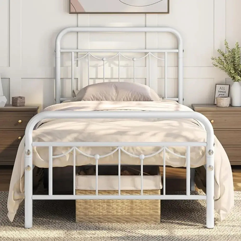 Metal Bed Frames with Vintage Headboard and Footboard, Farmhouse Metal Platform Bed, Heavy Duty Steel Slat Support, Ample Under- Jonine&