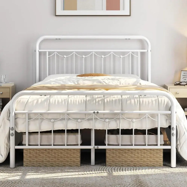 Metal Bed Frames with Vintage Headboard and Footboard, Farmhouse Metal Platform Bed, Heavy Duty Steel Slat Support, Ample Under- Jonine&