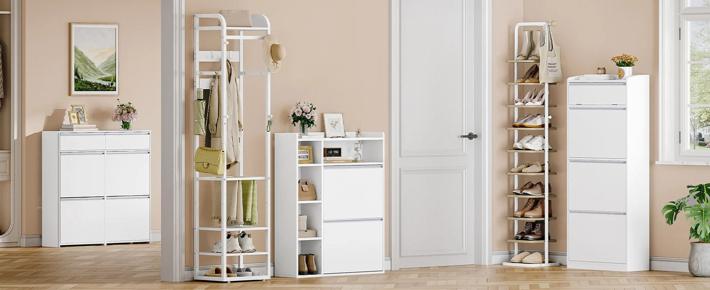 1 White Narrow Shoe Cabinet with 2 Flaps,with 5 Open Compartments,Shoe Rack for 8-12 Pairs of Shoes,for Hallway, Entrance