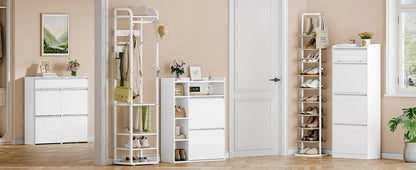 1 White Narrow Shoe Cabinet with 2 Flaps,with 5 Open Compartments,Shoe Rack for 8-12 Pairs of Shoes,for Hallway, Entrance