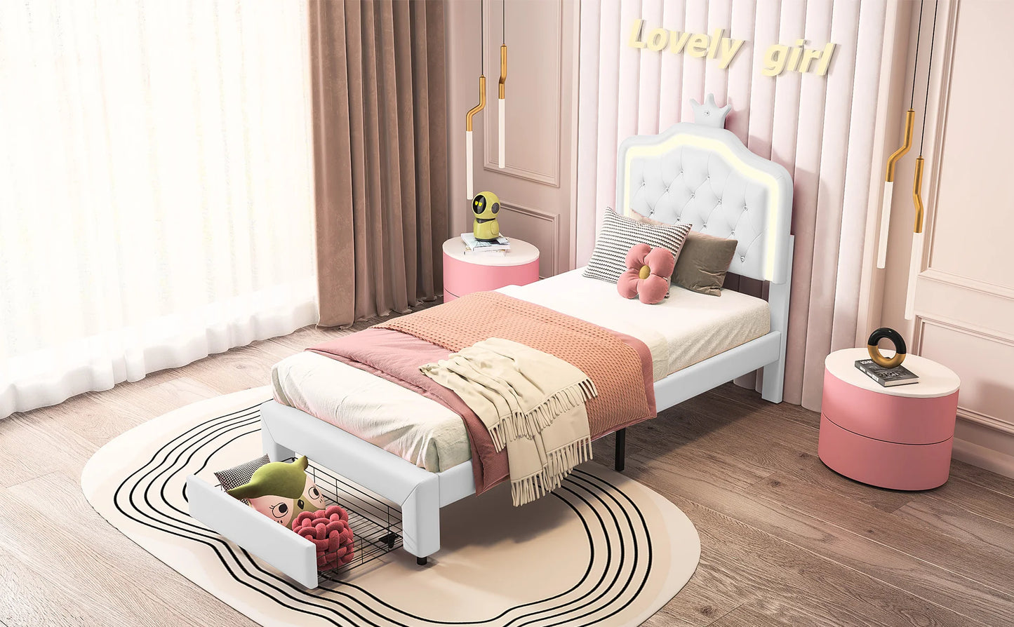 Her Room, Her World — Girls' LED Upholstered Storage Bed with Drawer