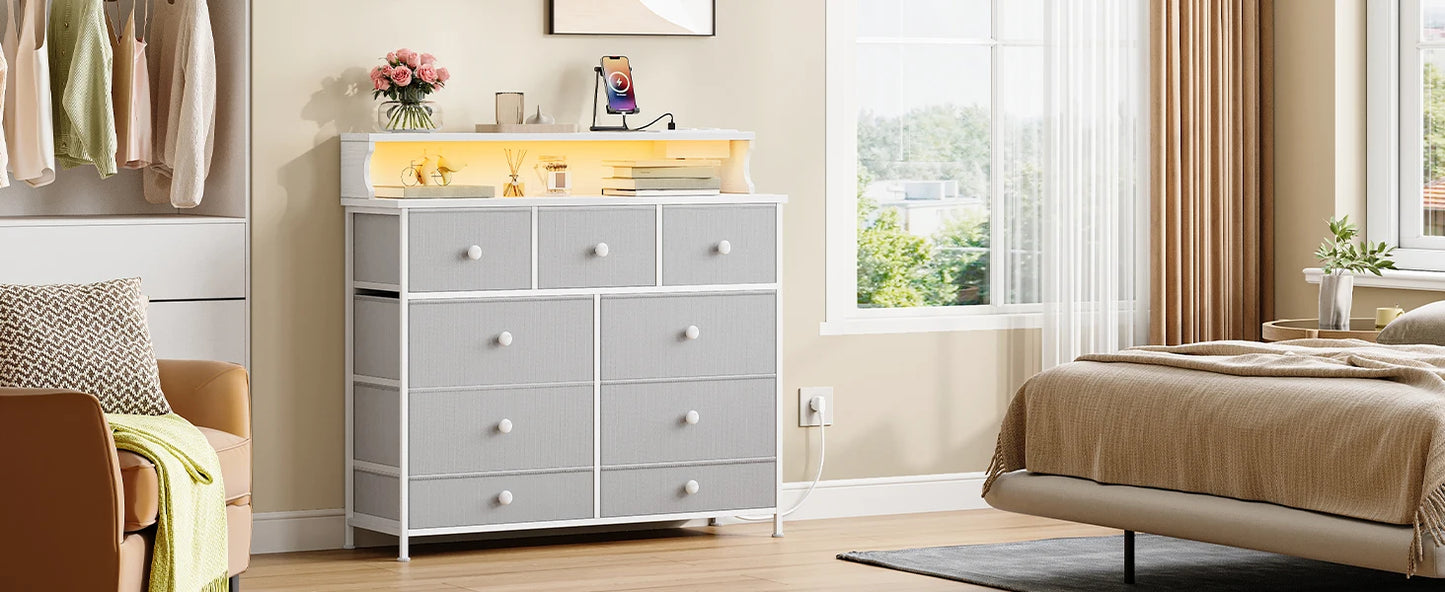 White Chest of Drawers 100 cm,2 USB & 2 AC Ports,Chest of Drawers with 9 Drawers,Versatile Storage Furniture for Living,Bedroom