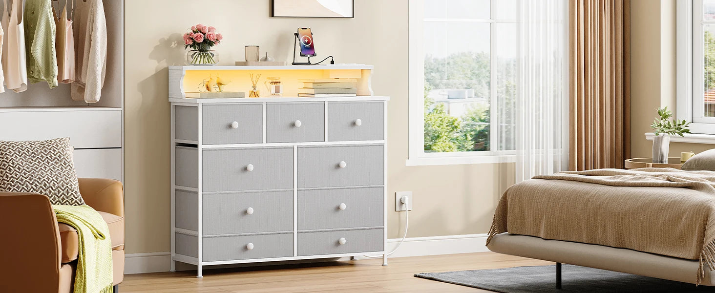White Chest of Drawers 100 cm,2 USB &amp; 2 AC Ports,Chest of Drawers with 9 Drawers,Versatile Storage Furniture for Living,Bedroom