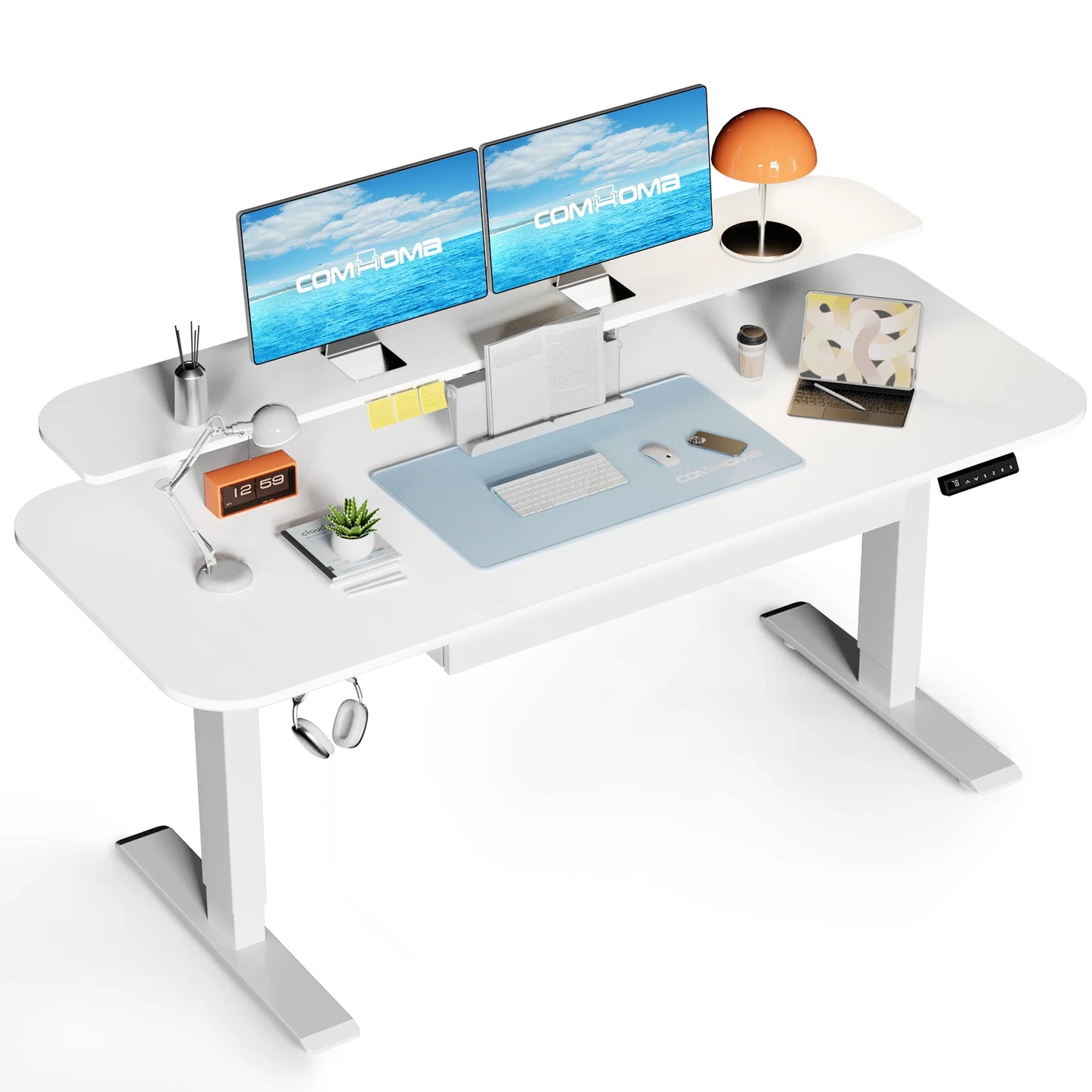 COMHOMA Height Adjustable desk Electric Drawer Monitor stand 3 Height Tablet stand White