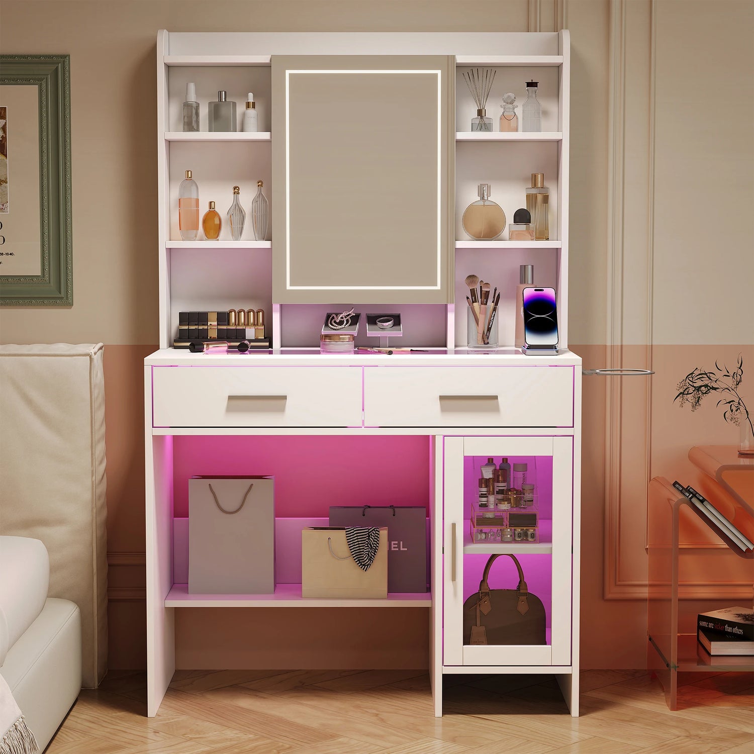 Urban Luxe dressing table, dressing table with light, dressing table with mirror, equipped with socket and hair dryer holder, White