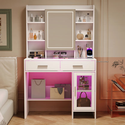 Urban Luxe dressing table, dressing table with light, dressing table with mirror, equipped with socket and hair dryer holder, White