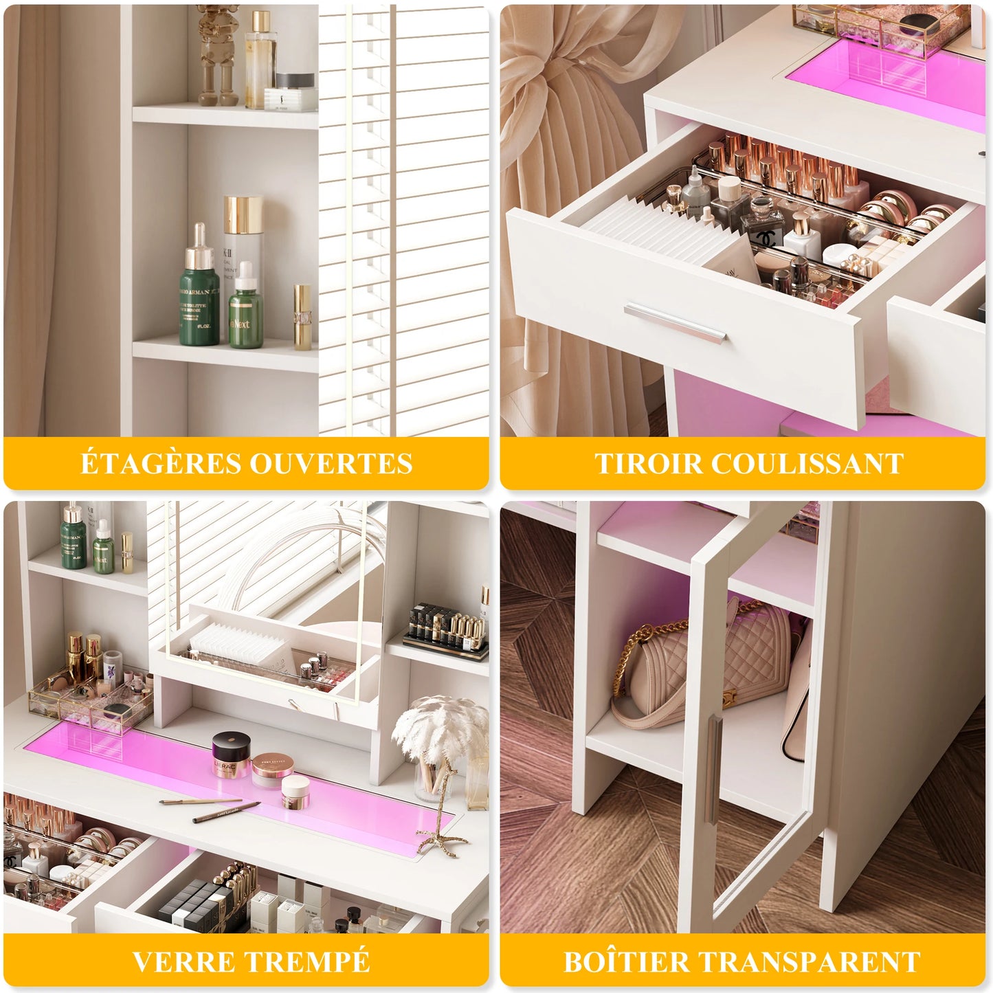 Urban Luxe dressing table, dressing table with light, dressing table with mirror, equipped with socket and hair dryer holder, White