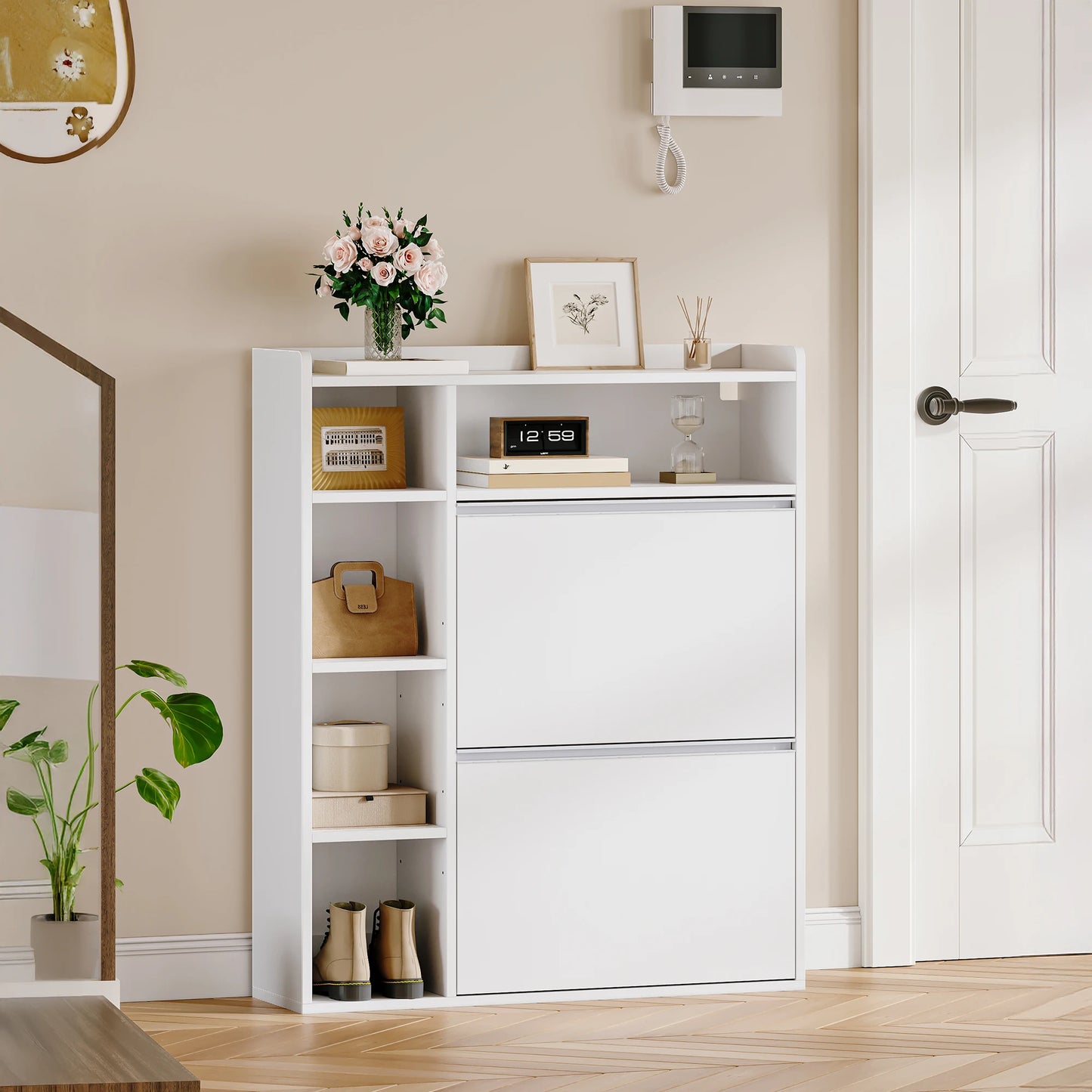 1 White Narrow Shoe Cabinet with 2 Flaps,with 5 Open Compartments,Shoe Rack for 8-12 Pairs of Shoes,for Hallway, Entrance