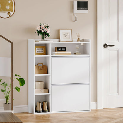 1 White Narrow Shoe Cabinet with 2 Flaps,with 5 Open Compartments,Shoe Rack for 8-12 Pairs of Shoes,for Hallway, Entrance