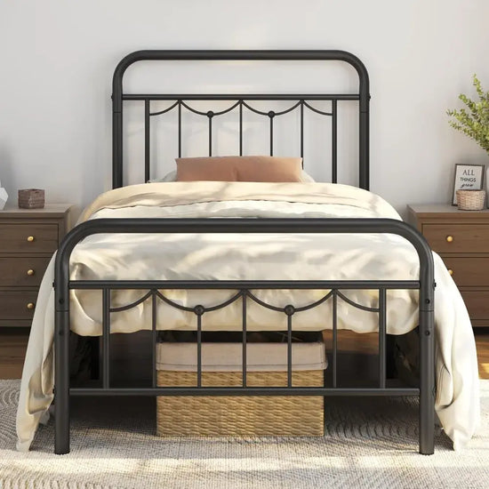 Metal Bed Frames with Vintage Headboard and Footboard, Farmhouse Metal Platform Bed, Heavy Duty Steel Slat Support, Ample Under- Jonine&