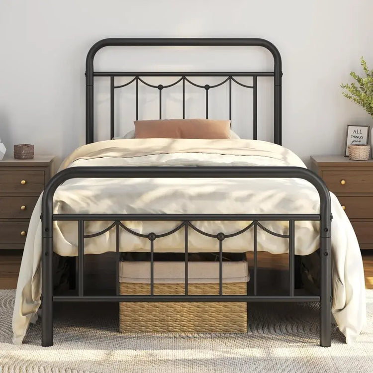 Metal Bed Frames with Vintage Headboard and Footboard, Farmhouse Metal Platform Bed, Heavy Duty Steel Slat Support, Ample Under- Jonine&