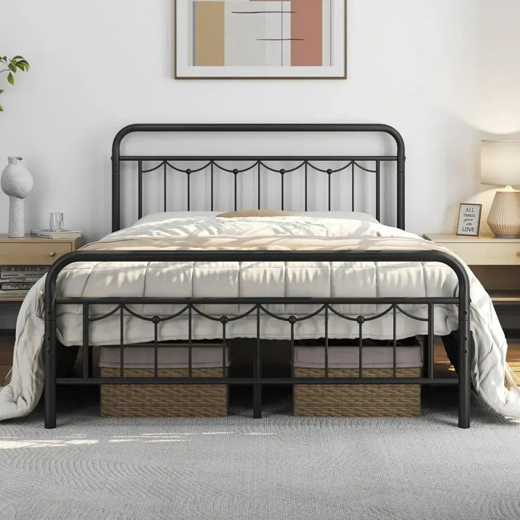Metal Bed Frames with Vintage Headboard and Footboard, Farmhouse Metal Platform Bed, Heavy Duty Steel Slat Support, Ample Under- Jonine&