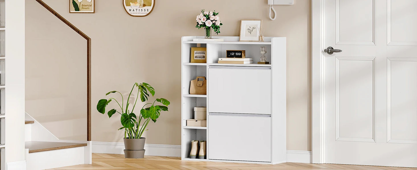 1 White Narrow Shoe Cabinet with 2 Flaps,with 5 Open Compartments,Shoe Rack for 8-12 Pairs of Shoes,for Hallway, Entrance
