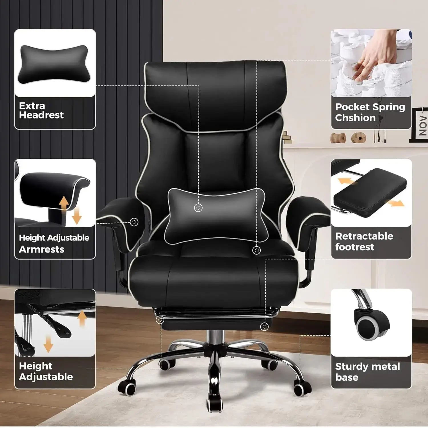 COMHOMA Big and Tall Office Chair 400lbs High Back Leather Executive Chair with Ergonomic Lumbar Support & Pocket Spring Cushion Jonine&