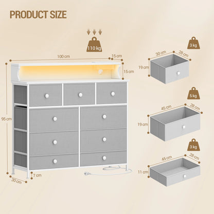 White Chest of Drawers 100 cm,2 USB & 2 AC Ports,Chest of Drawers with 9 Drawers,Versatile Storage Furniture for Living,Bedroom