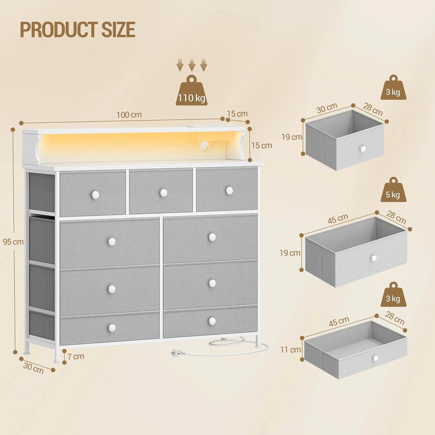 White Chest of Drawers 100 cm,2 USB & 2 AC Ports,Chest of Drawers with 9 Drawers,Versatile Storage Furniture for Living,Bedroom Jonine&