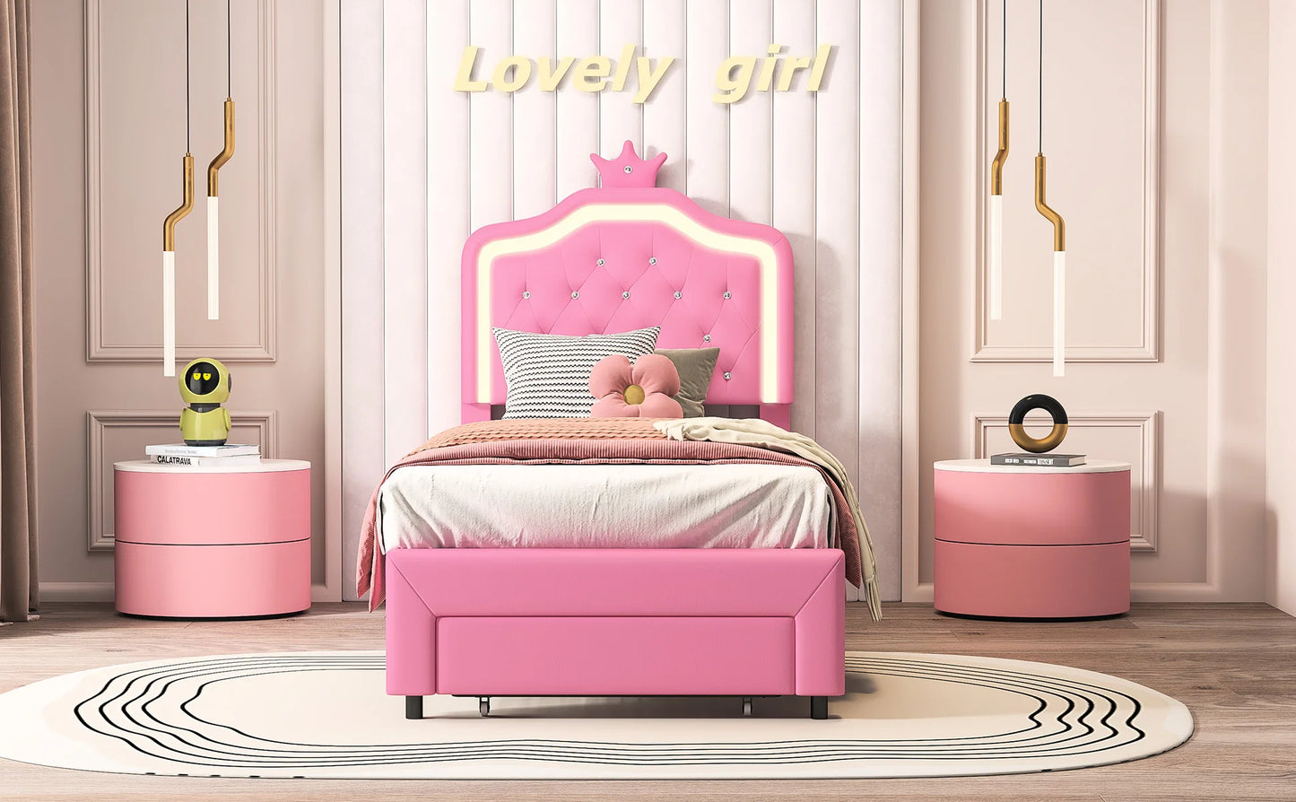 Her Room, Her World — Girls' LED Upholstered Storage Bed with Drawer