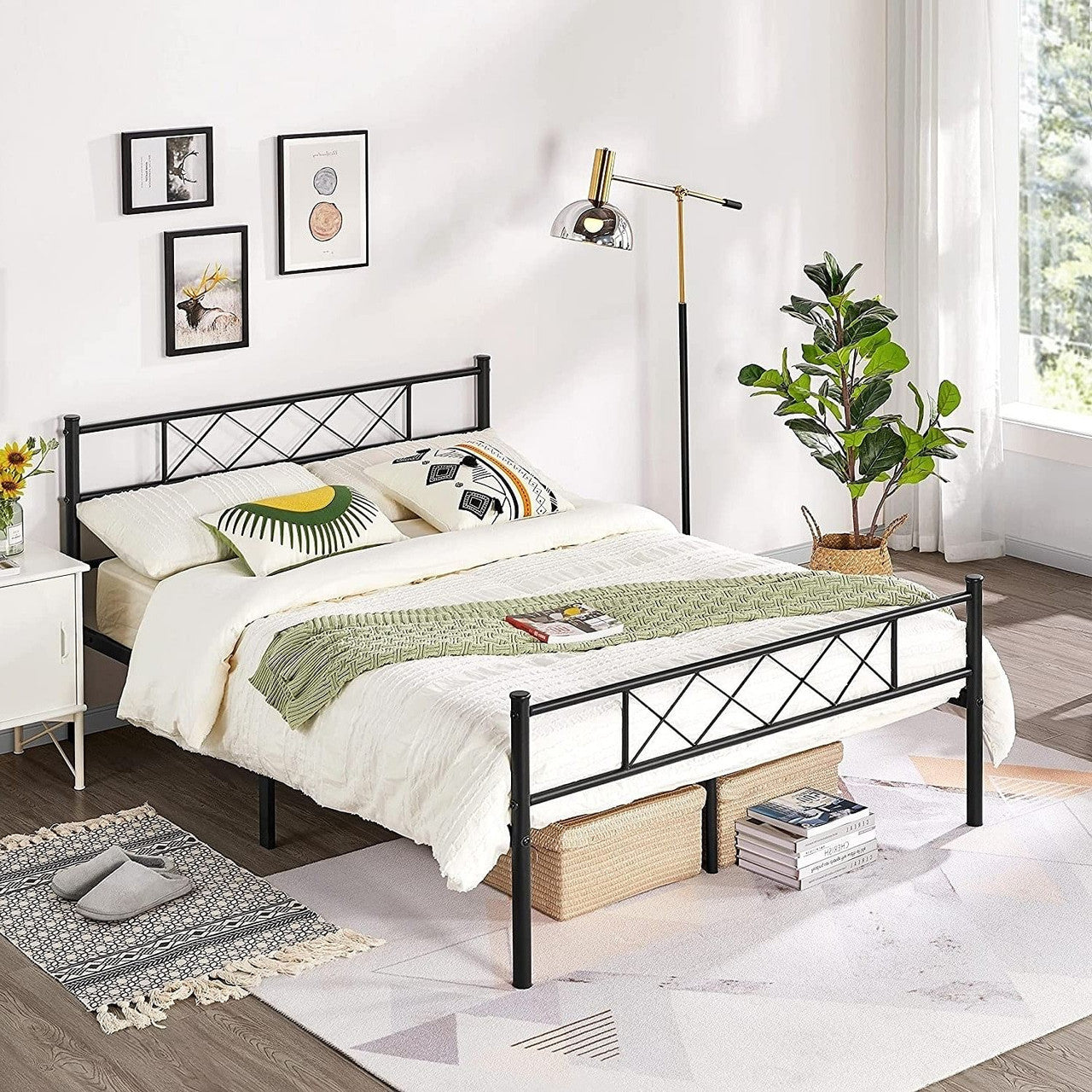 Traditional Slatted Metal Platform Bed — Full Size, Powder Coated