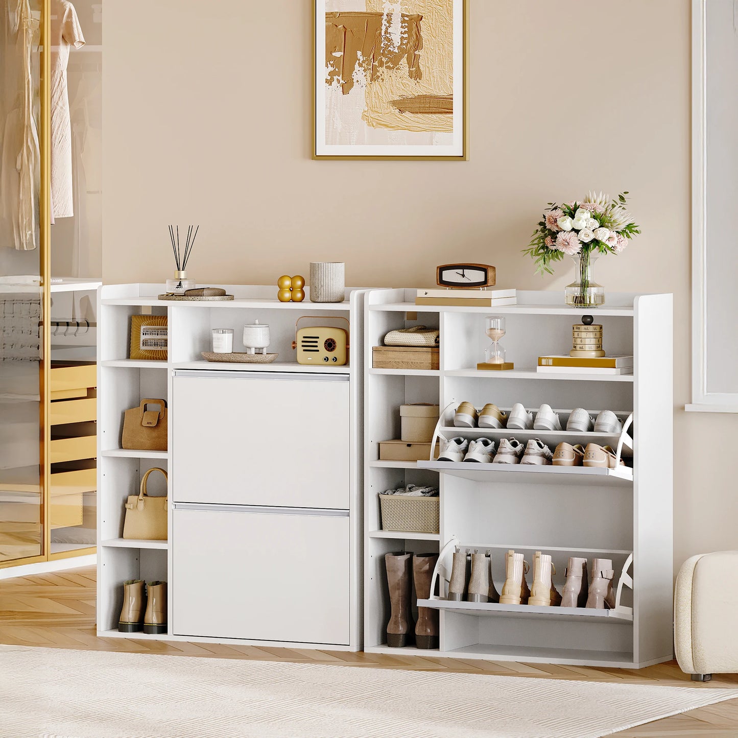 1 White Narrow Shoe Cabinet with 2 Flaps,with 5 Open Compartments,Shoe Rack for 8-12 Pairs of Shoes,for Hallway, Entrance