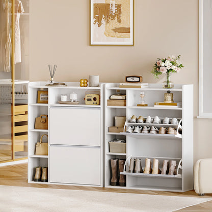 1 White Narrow Shoe Cabinet with 2 Flaps,with 5 Open Compartments,Shoe Rack for 8-12 Pairs of Shoes,for Hallway, Entrance