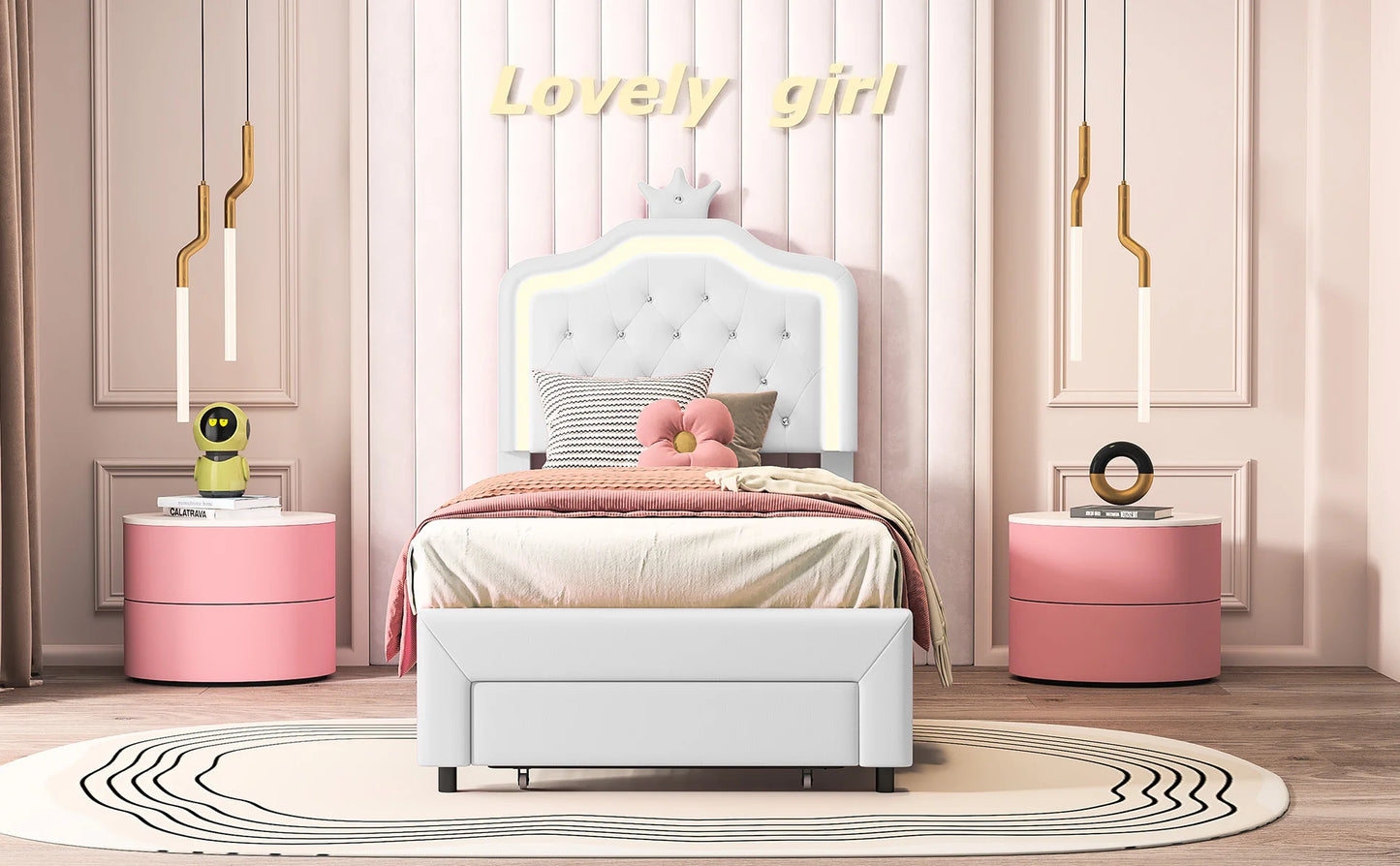 Her Room, Her World — Girls' LED Upholstered Storage Bed with Drawer