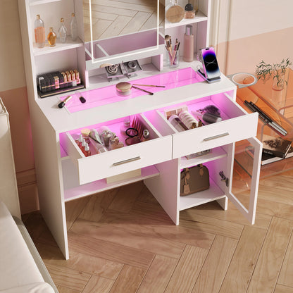 Urban Luxe dressing table, dressing table with light, dressing table with mirror, equipped with socket and hair dryer holder, White
