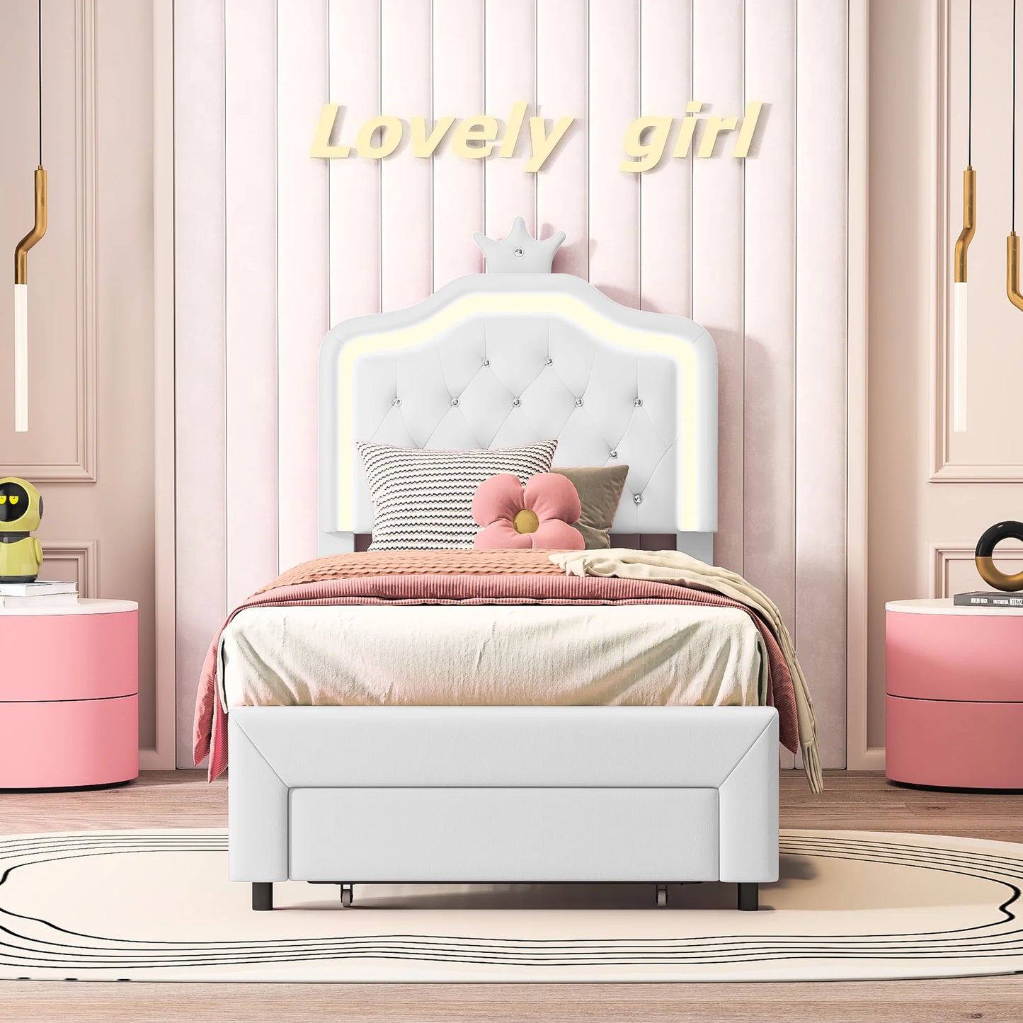 Her Room, Her World — Girls' LED Upholstered Storage Bed with Drawer