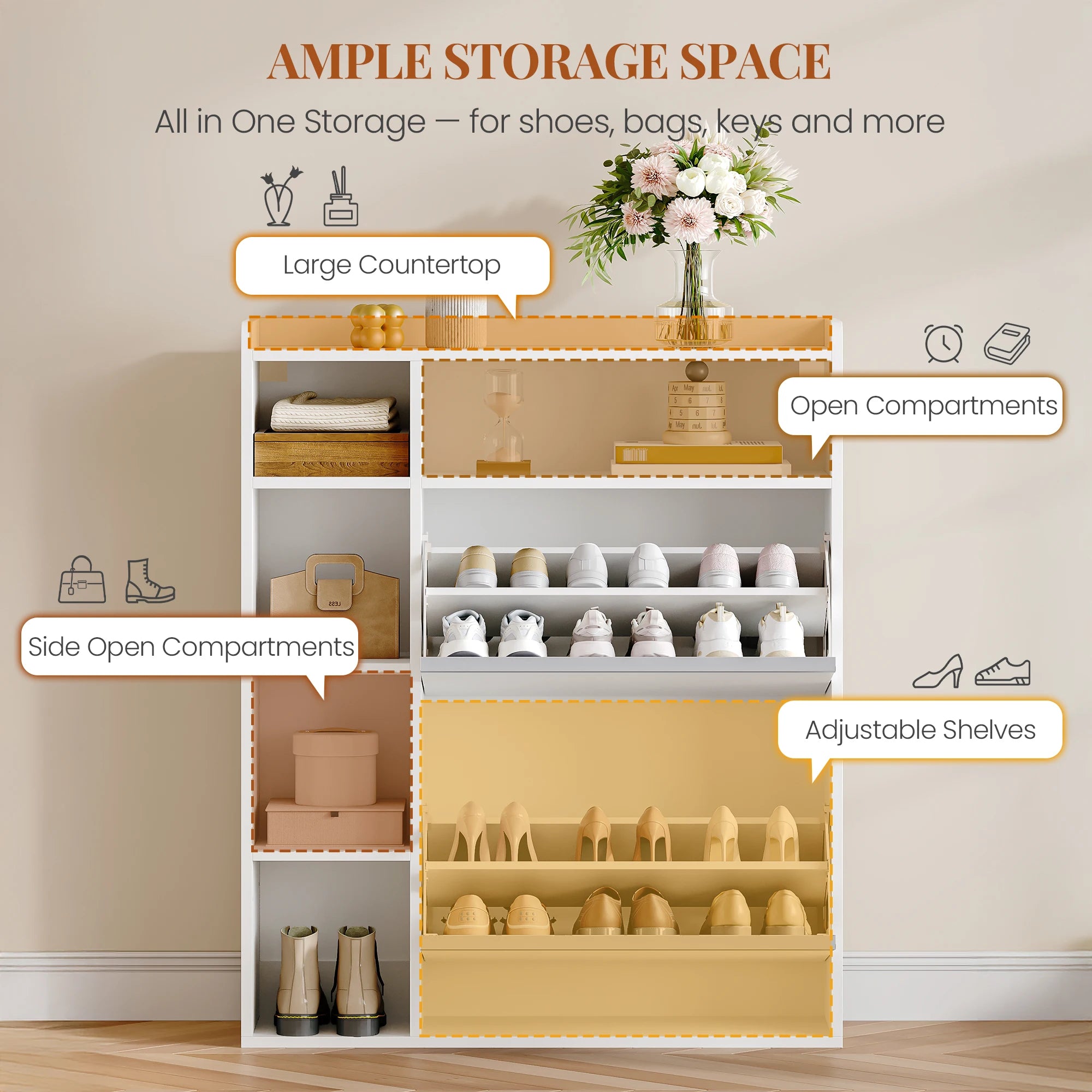 1 White Narrow Shoe Cabinet with 2 Flaps,with 5 Open Compartments,Shoe Rack for 8-12 Pairs of Shoes,for Hallway, Entrance