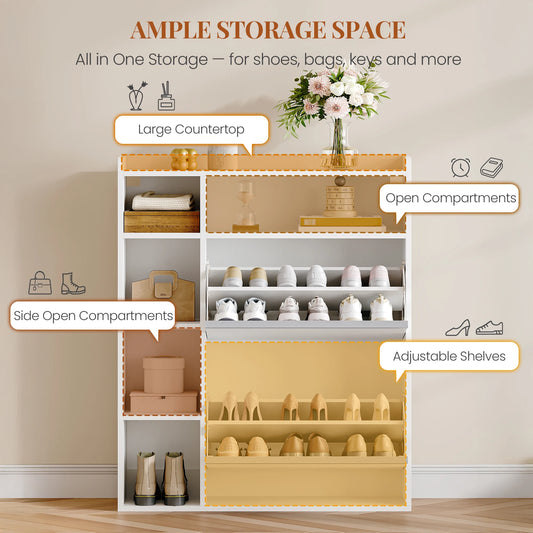 1 White Narrow Shoe Cabinet with 2 Flaps,with 5 Open Compartments,Shoe Rack for 8-12 Pairs of Shoes,for Hallway, Entrance