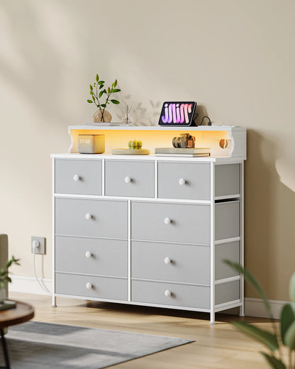 White Chest of Drawers 100 cm,2 USB & 2 AC Ports,Chest of Drawers with 9 Drawers,Versatile Storage Furniture for Living,Bedroom