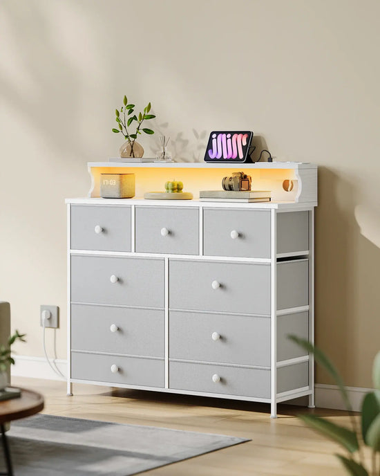 9-Drawer Chest with LED Strip, USB & AC Charging Ports – Modern White Storage Dresser