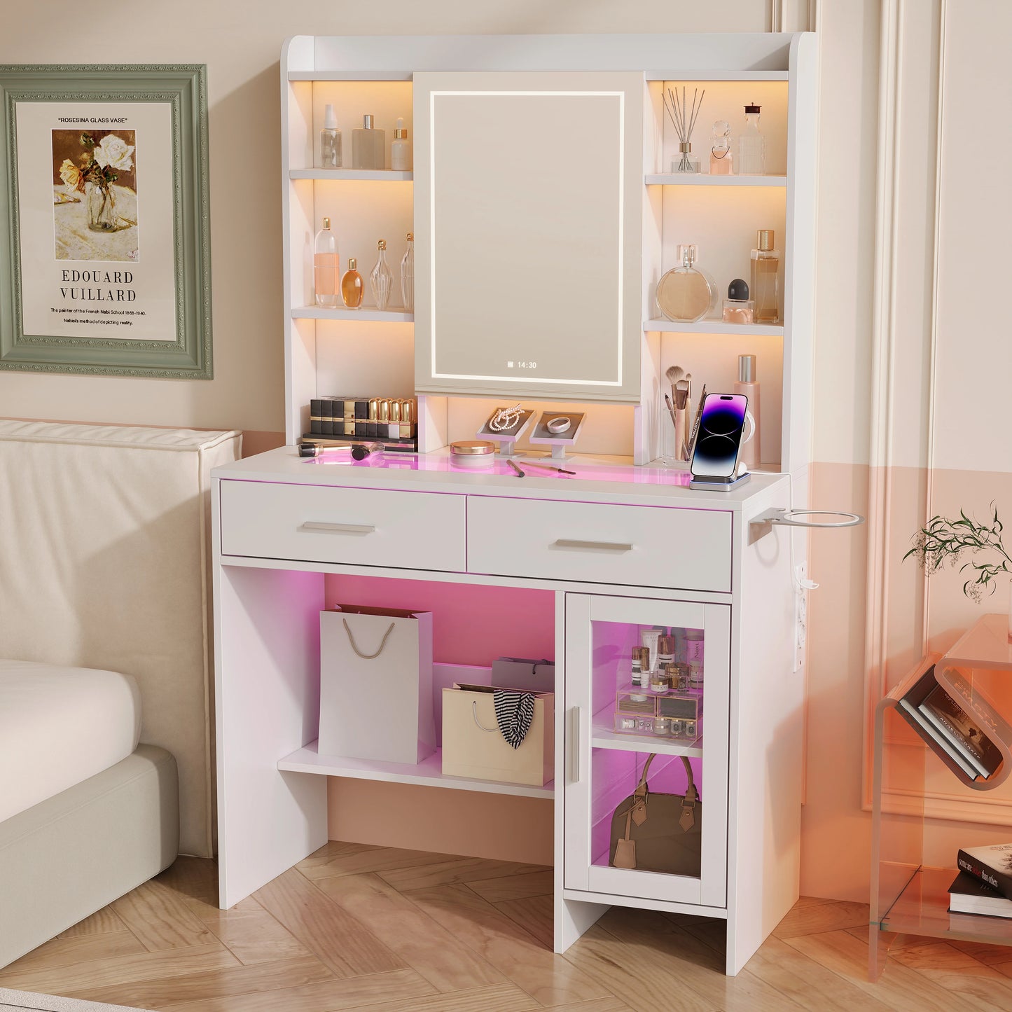 Urban Luxe dressing table, dressing table with light, dressing table with mirror, equipped with socket and hair dryer holder, White