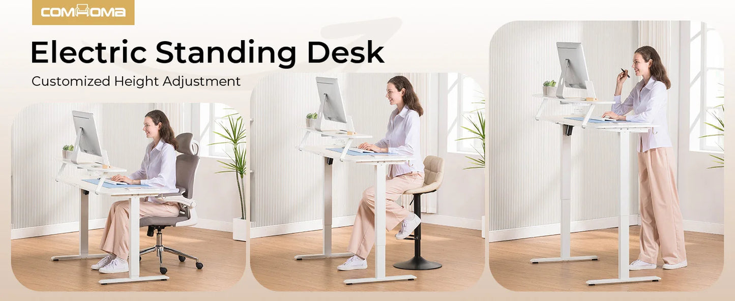COMHOMA Height Adjustable desk Electric Drawer Monitor stand 3 Height Tablet stand White
