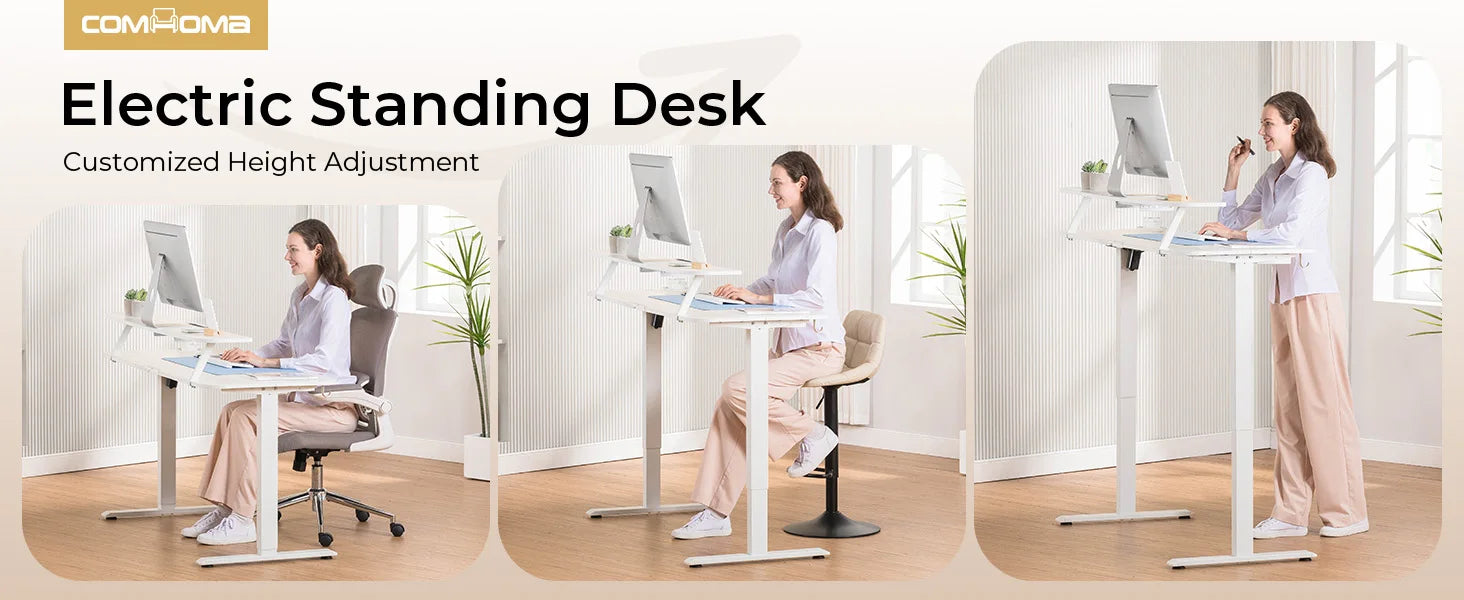 COMHOMA Height Adjustable desk Electric Drawer Monitor stand 3 Height Tablet stand White