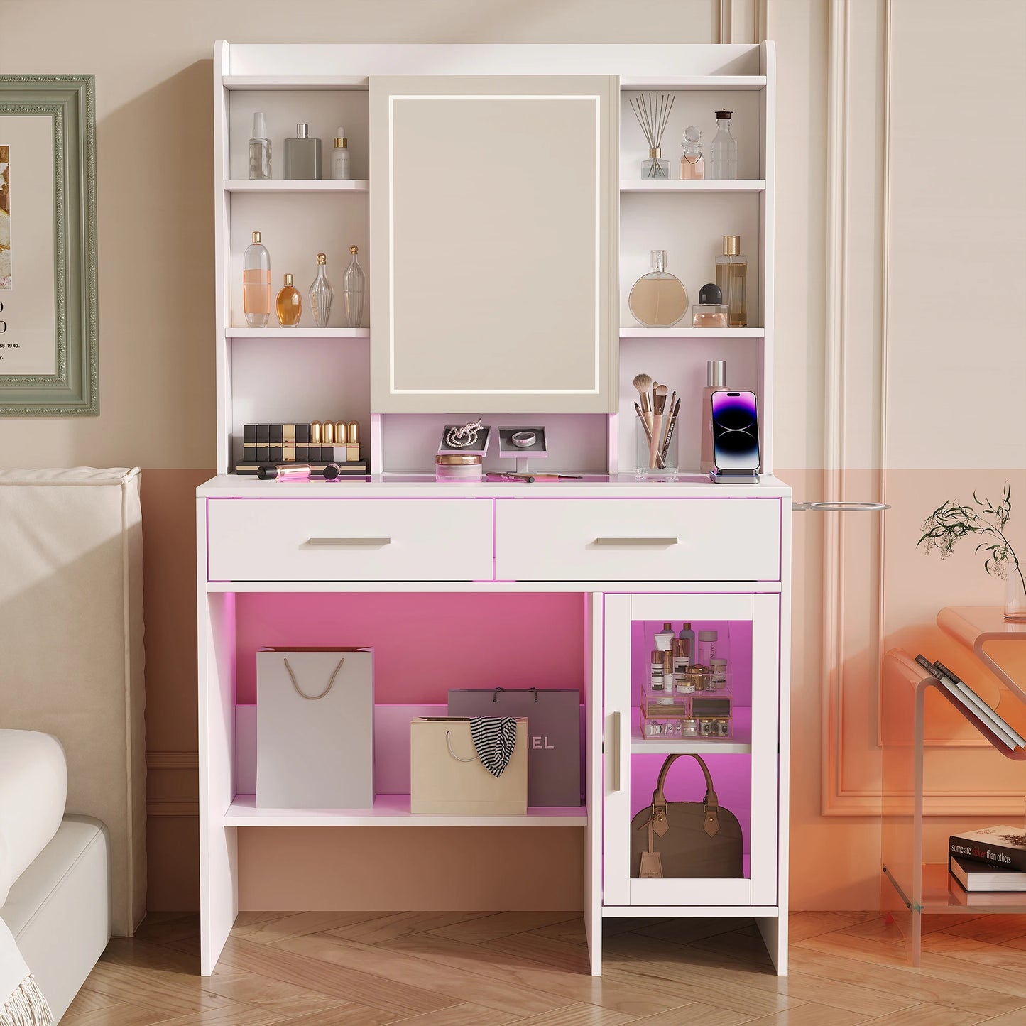 Urban Luxe dressing table, dressing table with light, dressing table with mirror, equipped with socket and hair dryer holder, White