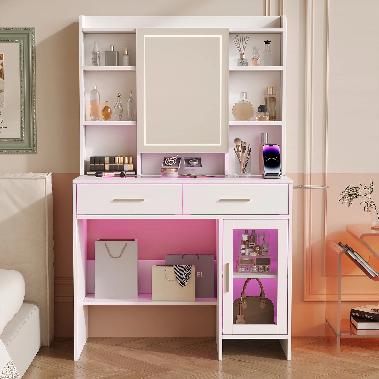 Urban Luxe dressing table, dressing table with light, dressing table with mirror, equipped with socket and hair dryer holder, White