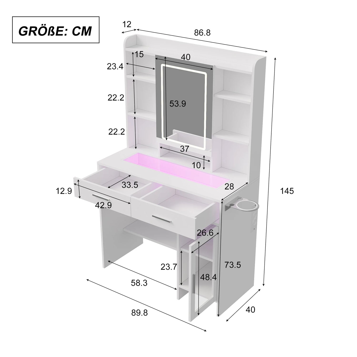 Urban Luxe dressing table, dressing table with light, dressing table with mirror, equipped with socket and hair dryer holder, White