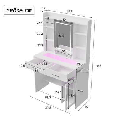 Urban Luxe dressing table, dressing table with light, dressing table with mirror, equipped with socket and hair dryer holder, White